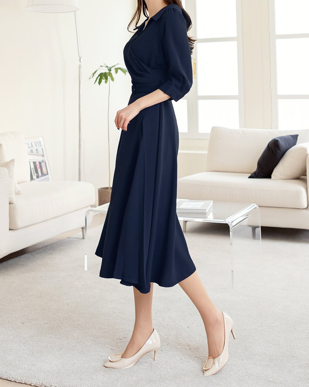 Elegant Feminin Flare Dress with Belt / Korean Style Belt Point Midi Dress / Spring Summer V Neck Dress