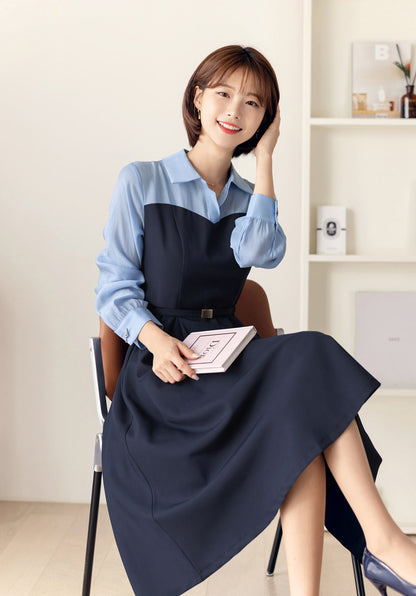 Feminine Elegant Flare Dress for Spring / Fall, Korean Style Midi Dress with Long Sleeve / Elegant Dress with waist strap