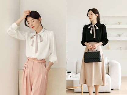 Modern Chic Style Tie Blouse / Korean Style Tie Neck Blouse Top / Office Look Top / Everyday Soft Blouse