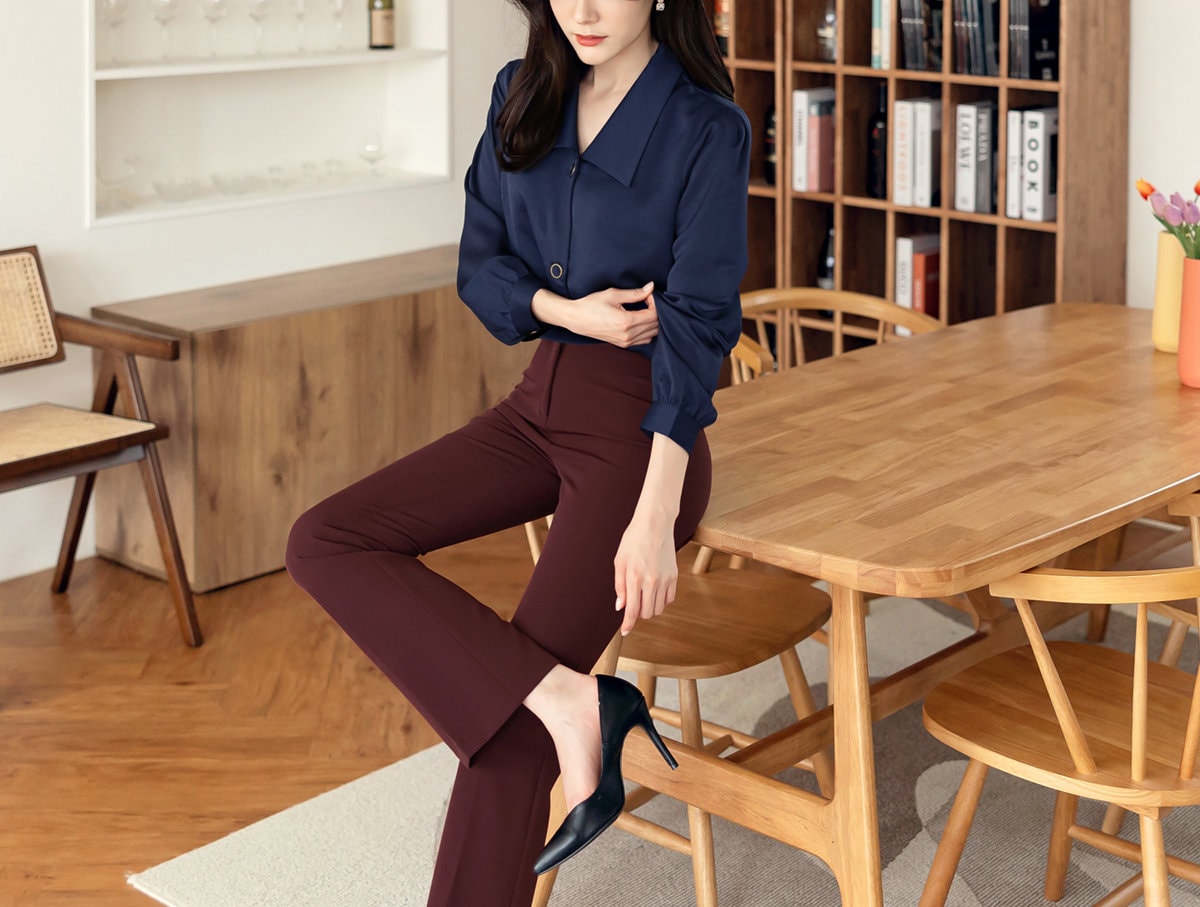 Long Sleeve Gloosy Blouse for Women / Korean Style Luxury Feminine Women Clothes / Stylish Office Look Top / Everyday Soft Blouse