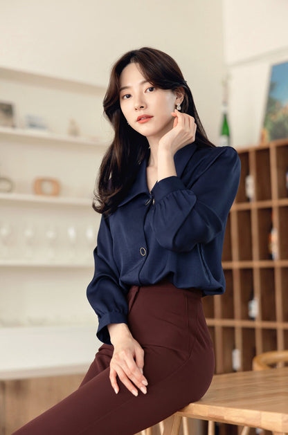 Long Sleeve Gloosy Blouse for Women / Korean Style Luxury Feminine Women Clothes / Stylish Office Look Top / Everyday Soft Blouse