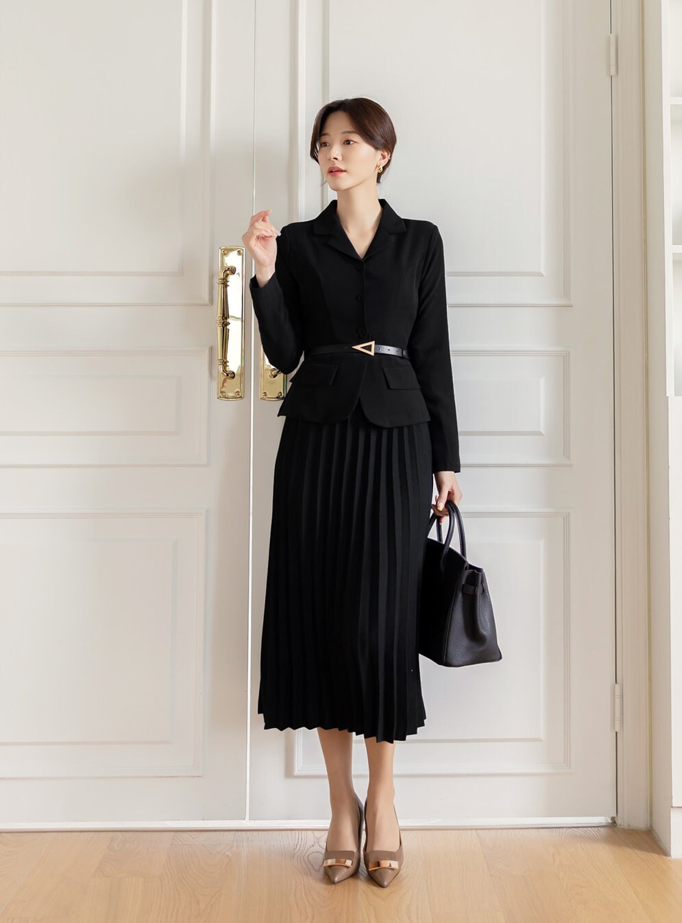 Elegant Feminin Pleats Dress with Belt / Korean Style Jacket and Skirt for One-piece Dress / Modern Chic Long Black Dress