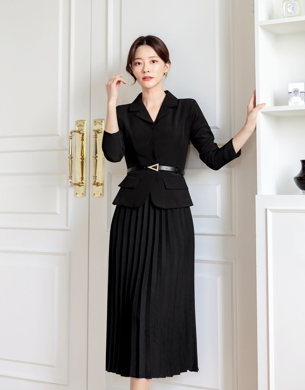 Elegant Feminin Pleats Dress with Belt / Korean Style Jacket and Skirt for One-piece Dress / Modern Chic Long Black Dress