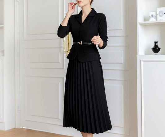 Elegant Feminin Pleats Dress with Belt / Korean Style Jacket and Skirt for One-piece Dress / Modern Chic Long Black Dress