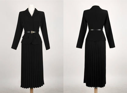 Elegant Feminin Pleats Dress with Belt / Korean Style Jacket and Skirt for One-piece Dress / Modern Chic Long Black Dress