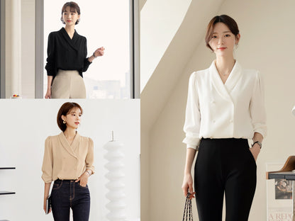 Long Sleeve Shawl Collar Blouse for Women / Korean Style Luxury Feminine Women Clothes / Stylish Office Look Top / Everyday Soft Blouse