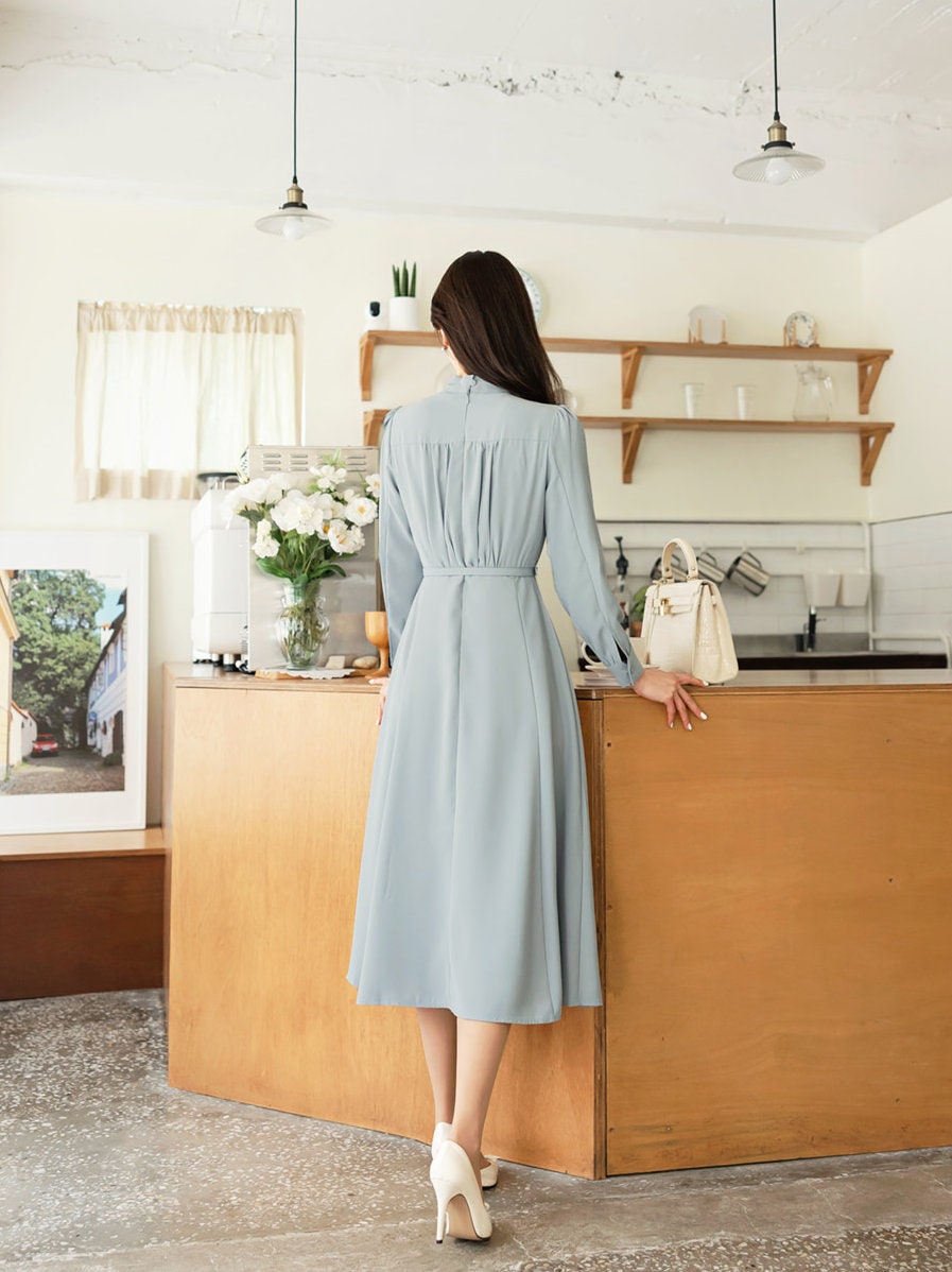 Tie Neck Flare Dress / Korean Style Feminin Flare Midi Dress / Flare Midi Dress / Elegant Feminin Dress