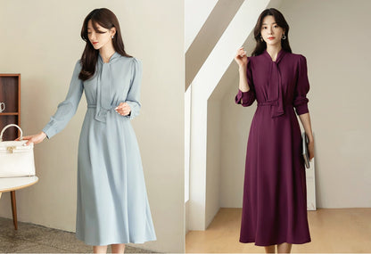 Tie Neck Flare Dress / Korean Style Feminin Flare Midi Dress / Flare Midi Dress / Elegant Feminin Dress