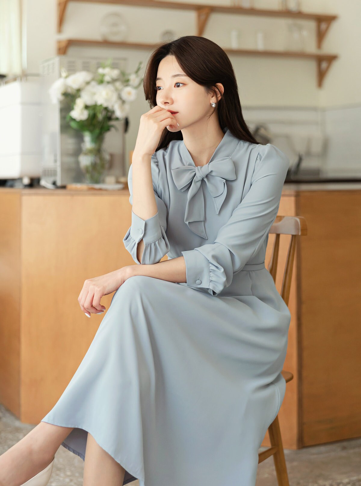 Tie Neck Flare Dress / Korean Style Feminin Flare Midi Dress / Flare Midi Dress / Elegant Feminin Dress