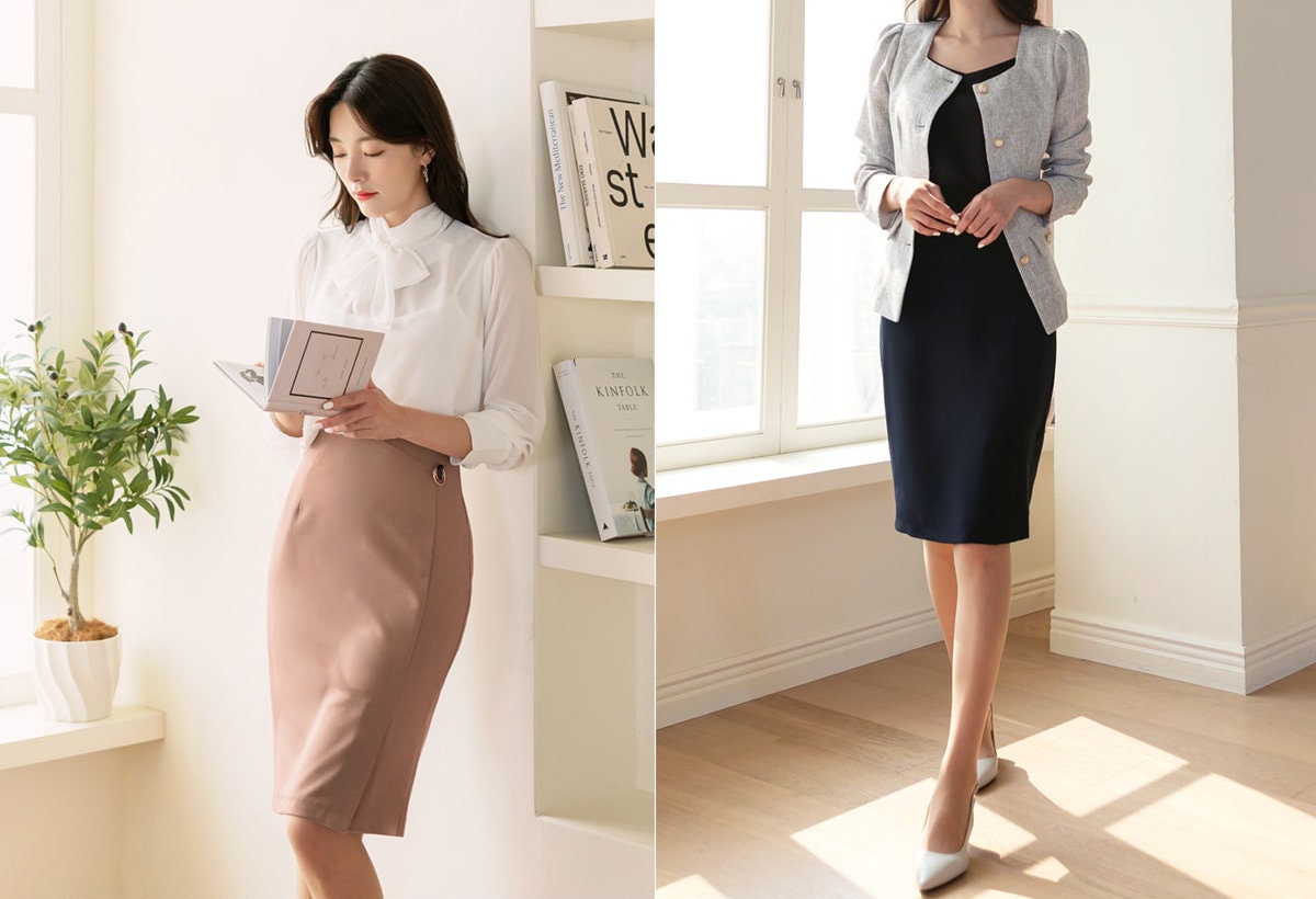 Korean Style Midi Skirt with Brooch / Elegant Feminin Office Look Skirt / Pencil Skirt