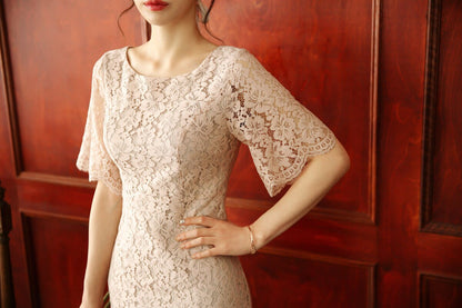 Elegant Light Pink Beige Color Engagement Party Dress / Korean Style Women Lace Mini Dress / Bridal Dress / Simple Party Dress