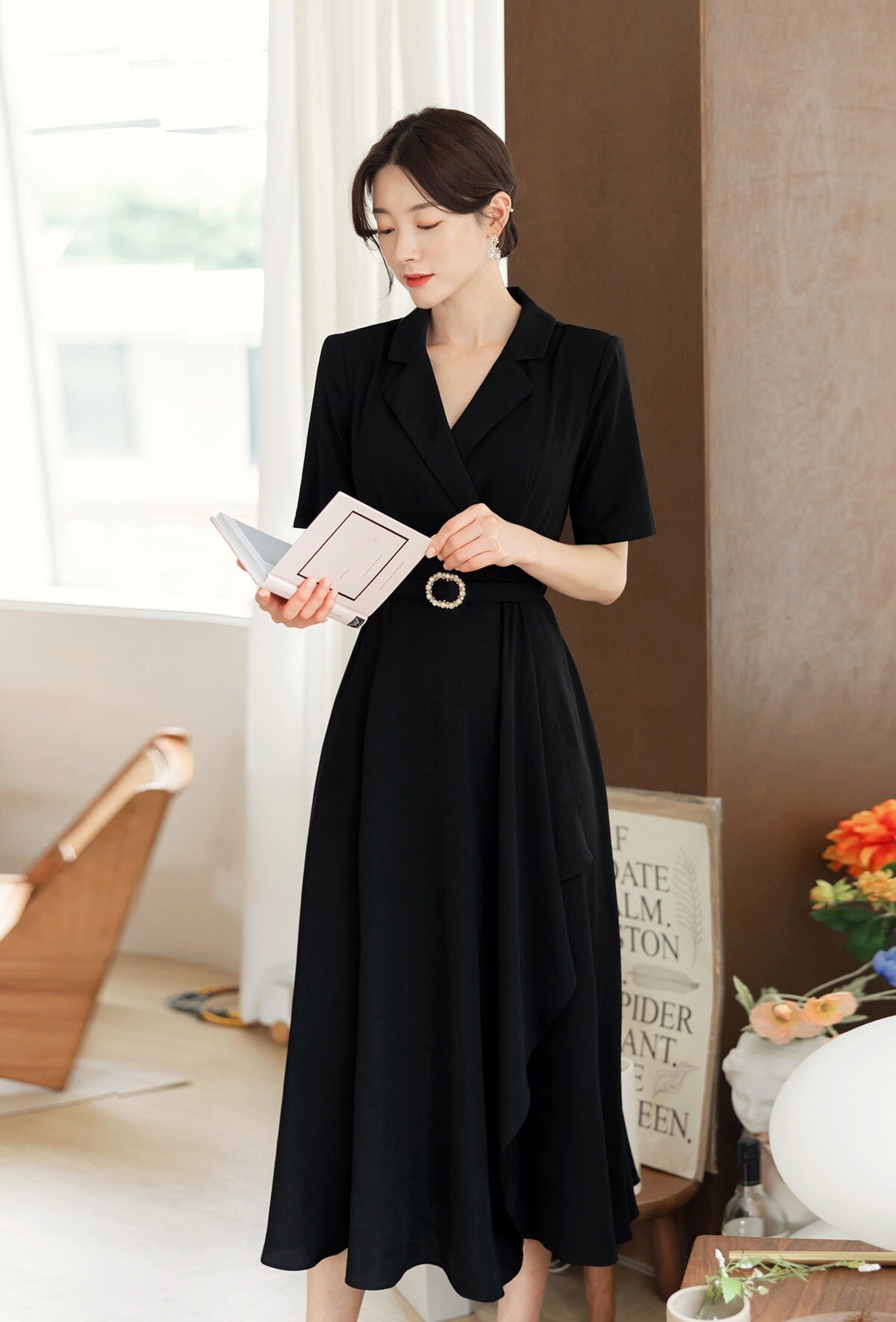 Black draped Midi Dress / V-neck Spring Summer Long Dress / Korean Style Women Dress / Elegant Feminin Dress