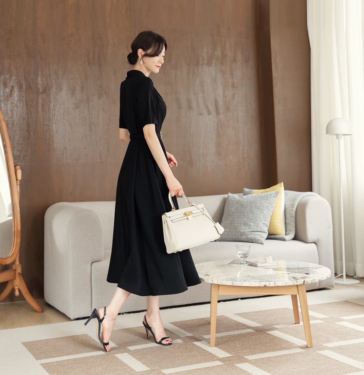 Black draped Midi Dress / V-neck Spring Summer Long Dress / Korean Style Women Dress / Elegant Feminin Dress