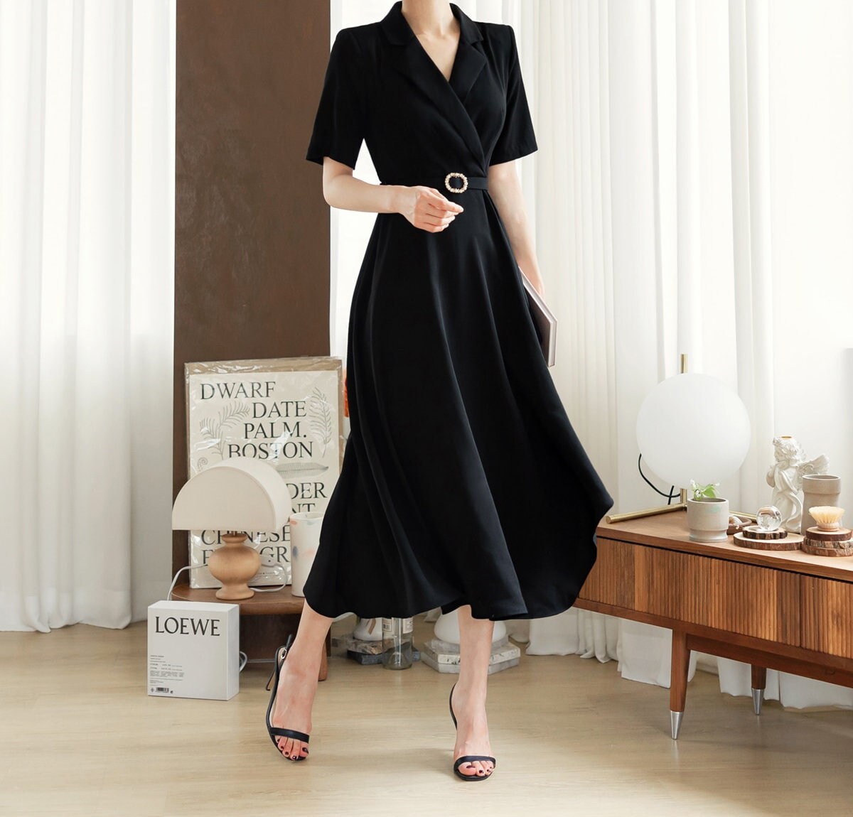 Black draped Midi Dress / V-neck Spring Summer Long Dress / Korean Style Women Dress / Elegant Feminin Dress