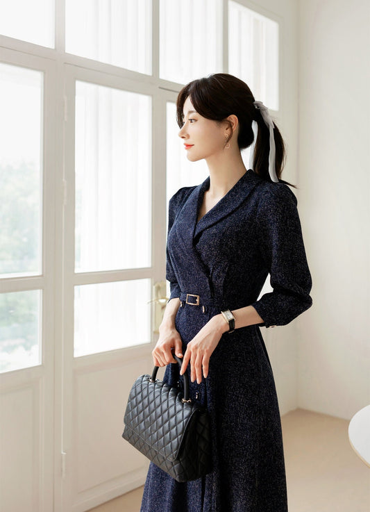 Elegant Feminine Tweed Dress with Belt / Korean Style Navy Midi Dress Jacket / Luxury wear Elegant Dress for Spring, Fall