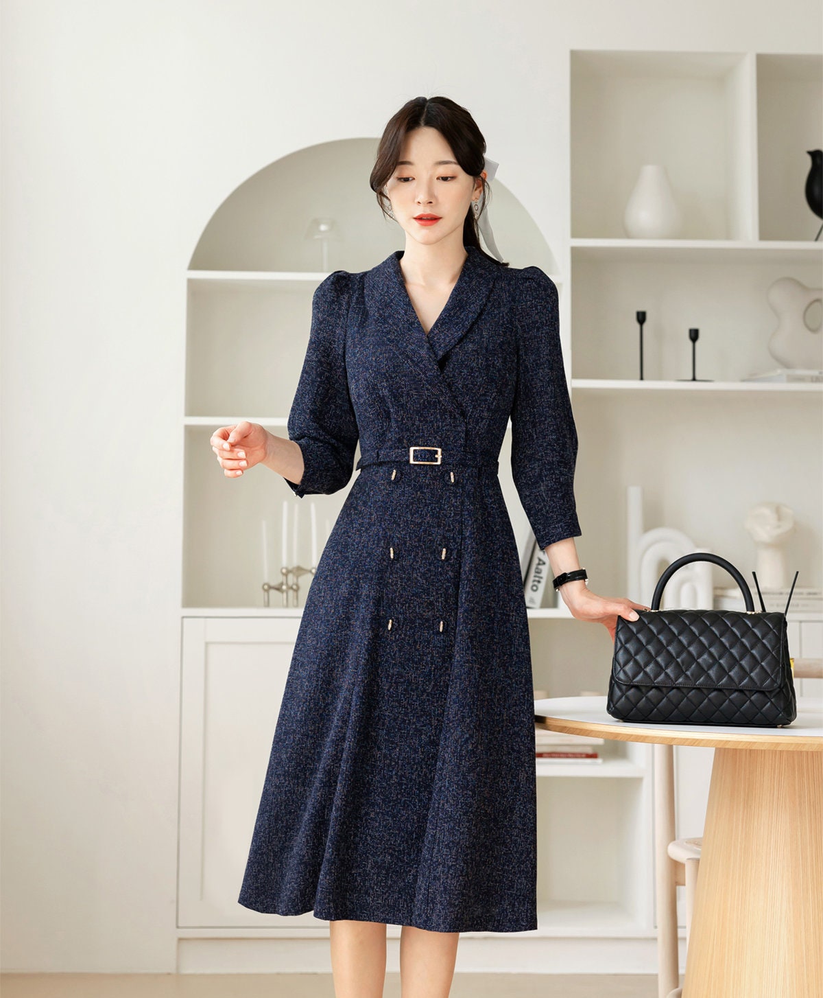 Elegant Feminine Tweed Dress with Belt / Korean Style Navy Midi Dress Jacket / Luxury wear Elegant Dress for Spring, Fall