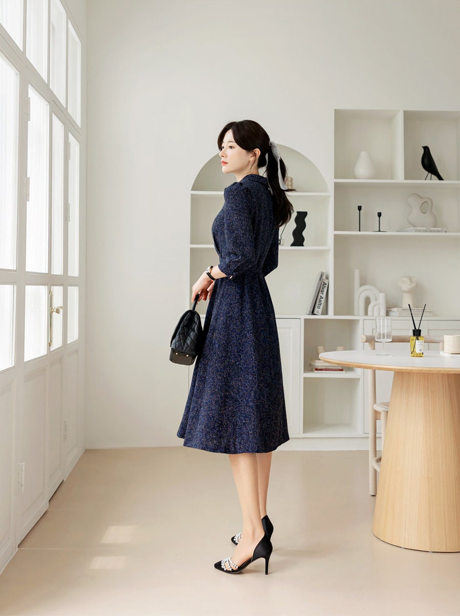 Elegant Feminine Tweed Dress with Belt / Korean Style Navy Midi Dress Jacket / Luxury wear Elegant Dress for Spring, Fall