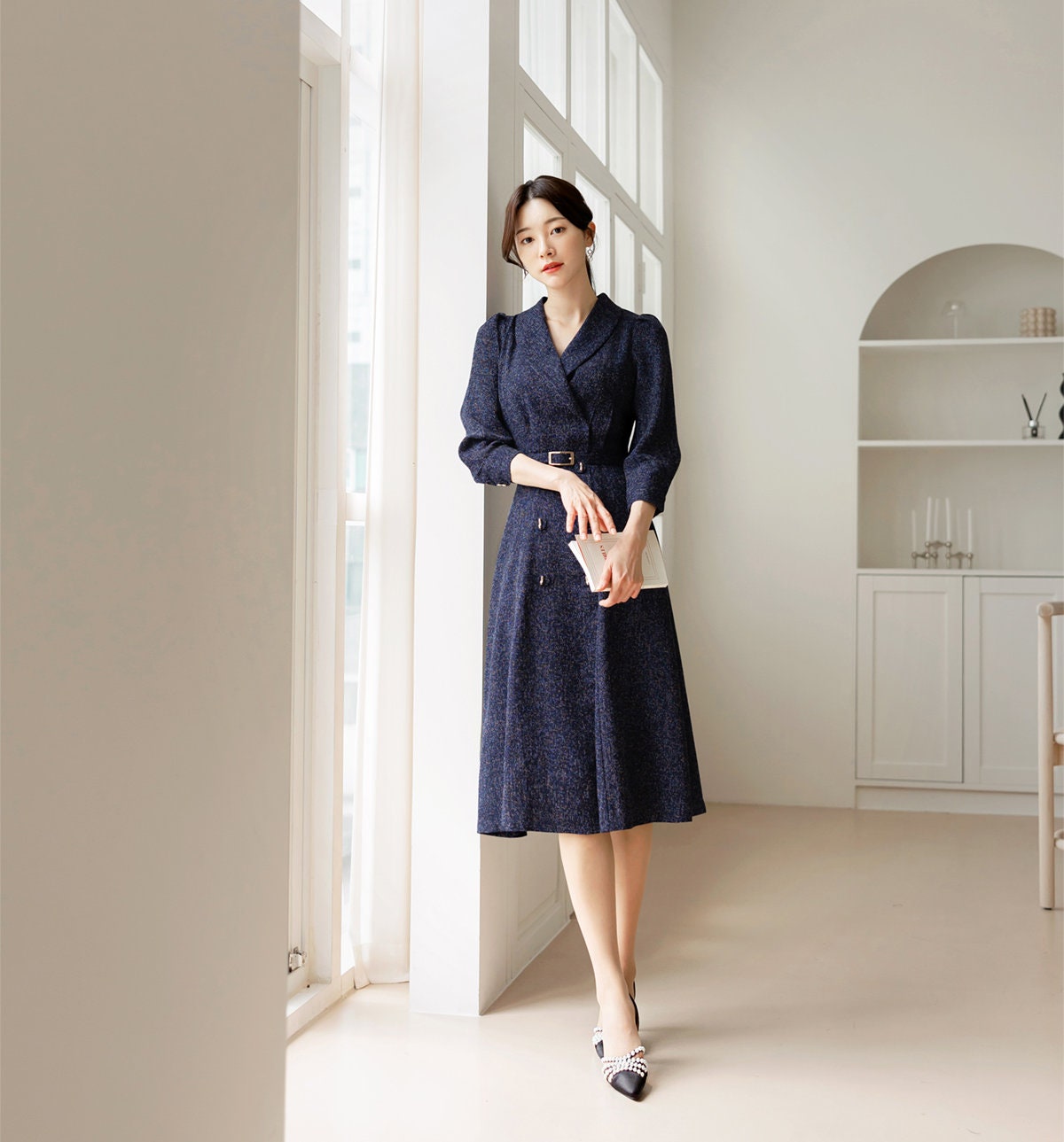 Elegant Feminine Tweed Dress with Belt / Korean Style Navy Midi Dress Jacket / Luxury wear Elegant Dress for Spring, Fall