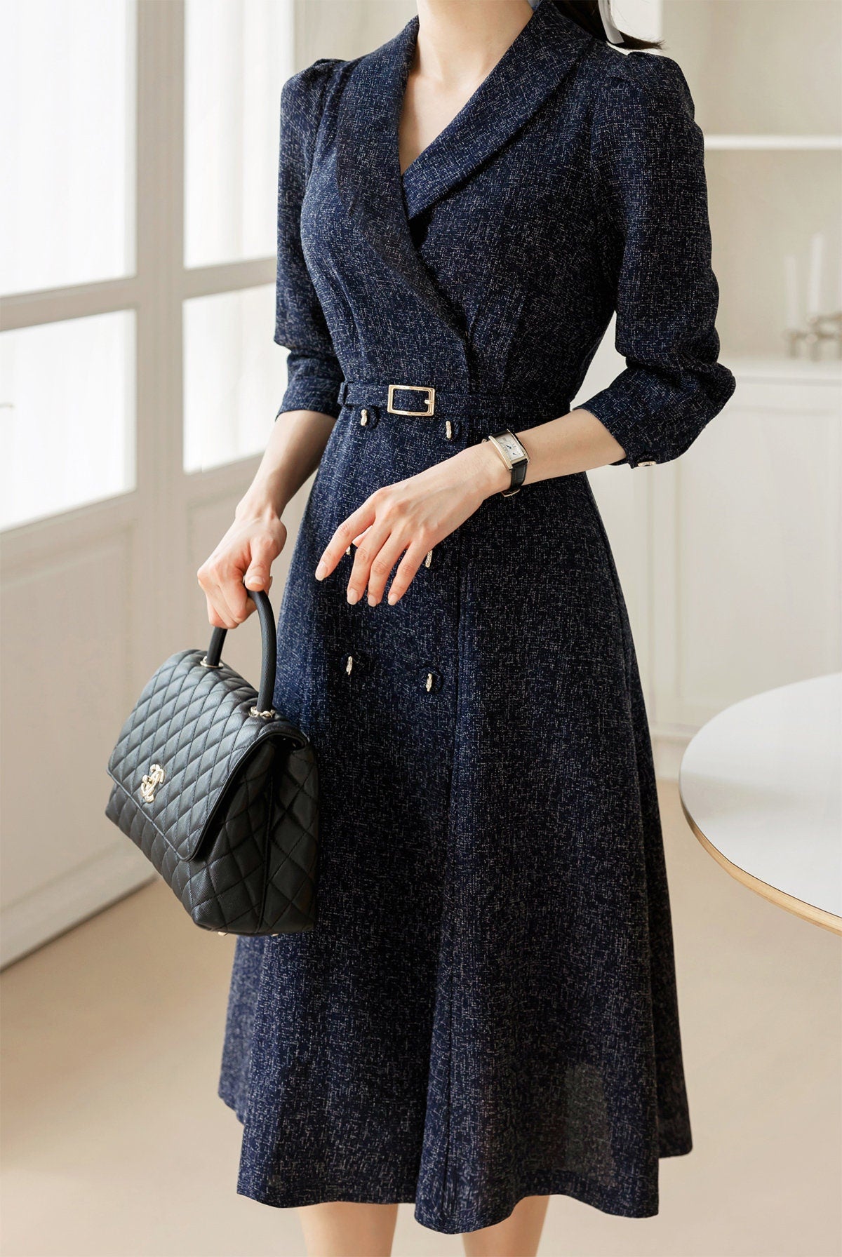 Elegant Feminine Tweed Dress with Belt / Korean Style Navy Midi Dress Jacket / Luxury wear Elegant Dress for Spring, Fall