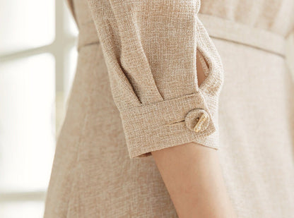 Elegant Feminine Tweed Dress with Belt / Korean Style Beige Midi Dress Jacket / Luxury wear Elegant Dress for Spring, Fall