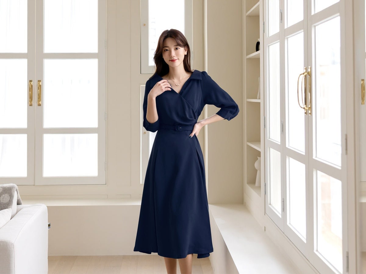 Elegant Feminin Flare Dress with Belt / Korean Style Belt Point Midi Dress / Spring Summer V Neck Dress