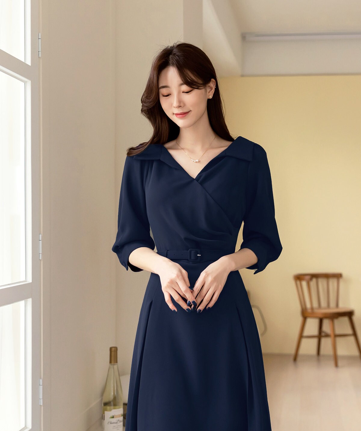 Elegant Feminin Flare Dress with Belt / Korean Style Belt Point Midi Dress / Spring Summer V Neck Dress