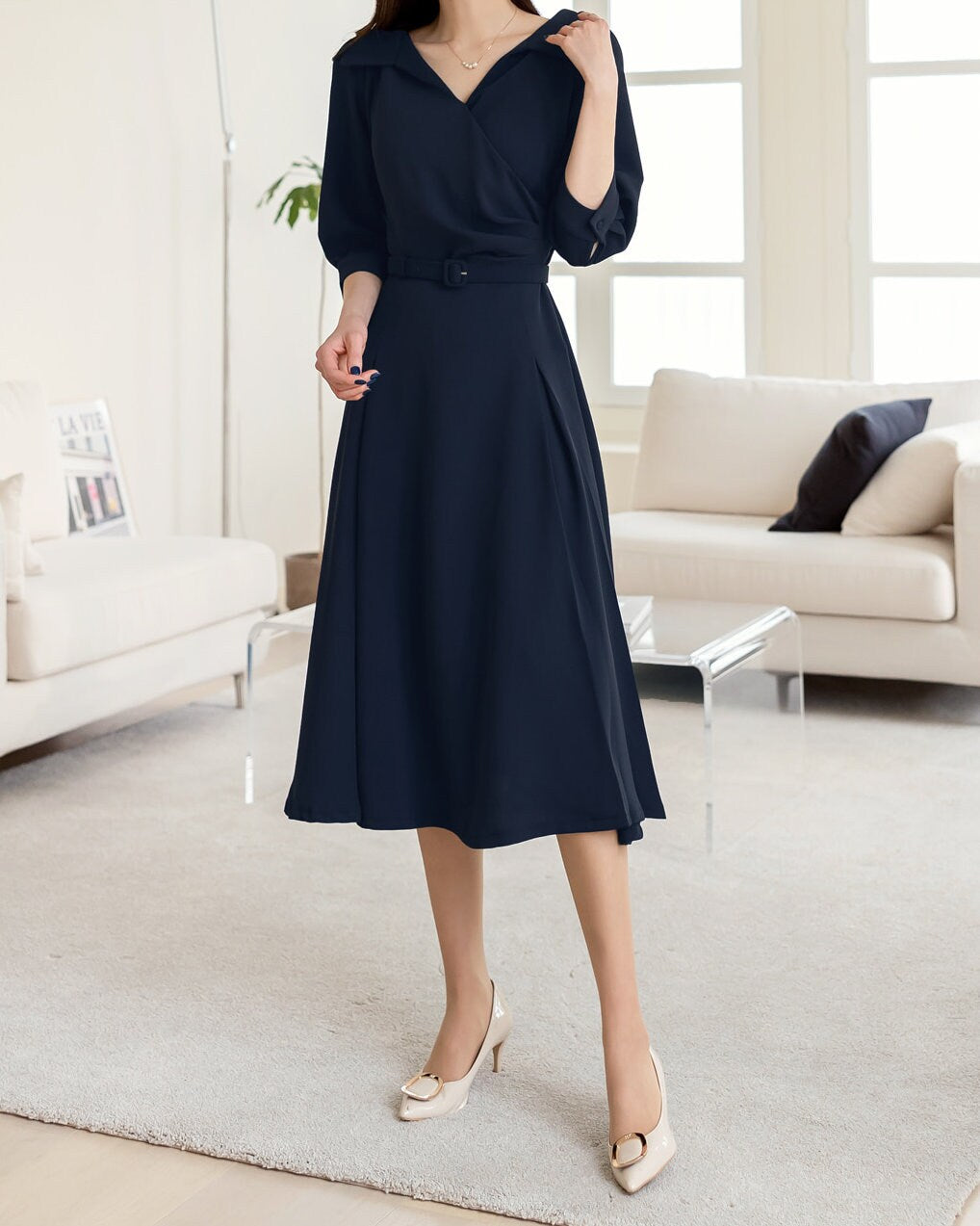 Elegant Feminin Flare Dress with Belt / Korean Style Belt Point Midi Dress / Spring Summer V Neck Dress