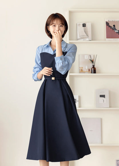 Feminine Elegant Flare Dress for Spring / Fall, Korean Style Midi Dress with Long Sleeve / Elegant Dress with waist strap