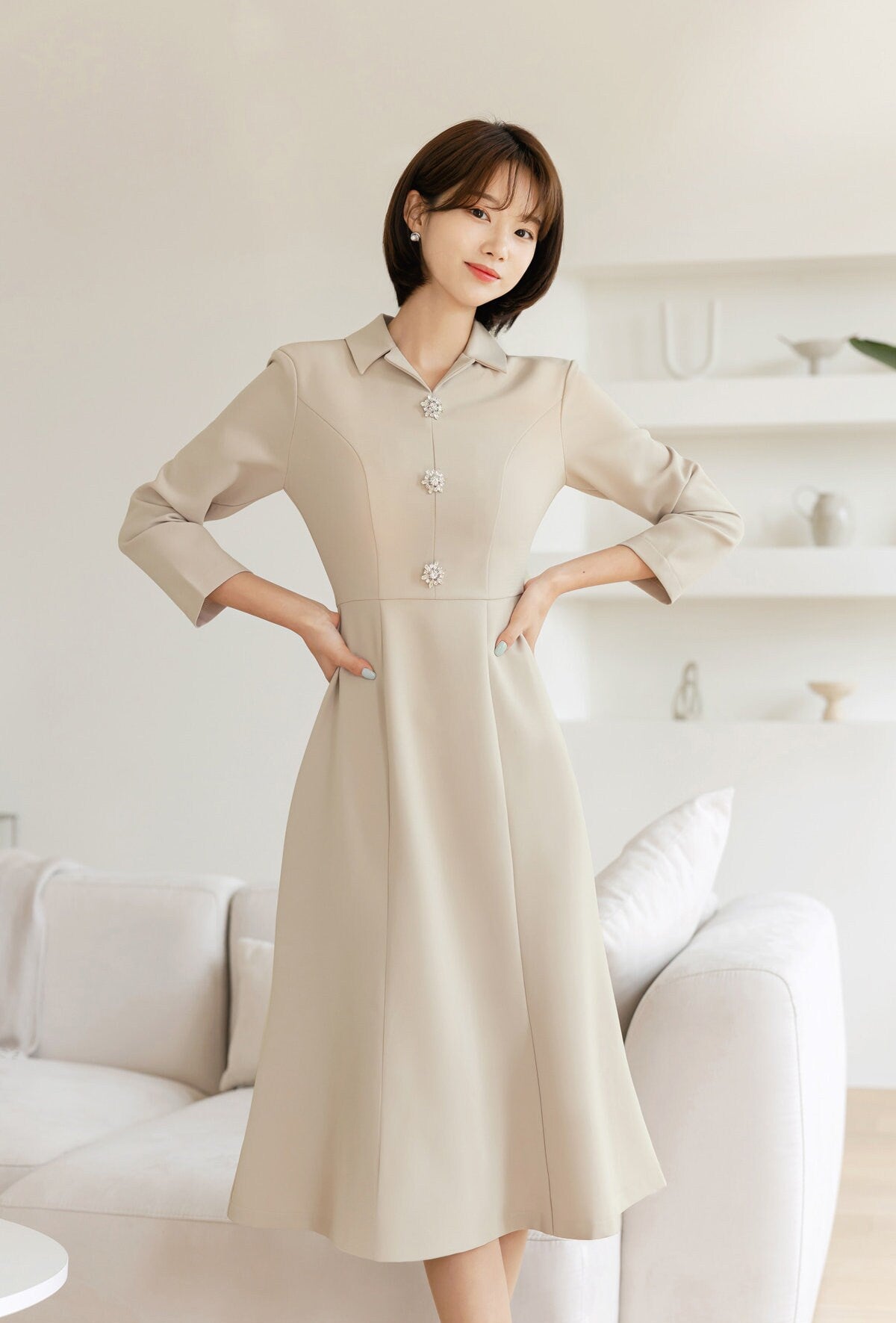 Elegant Semi-Mermaid Dress for Spring Fall / Korean Style V Neck Midi Dress / Clasic Simple Women Dress with Jewel Point