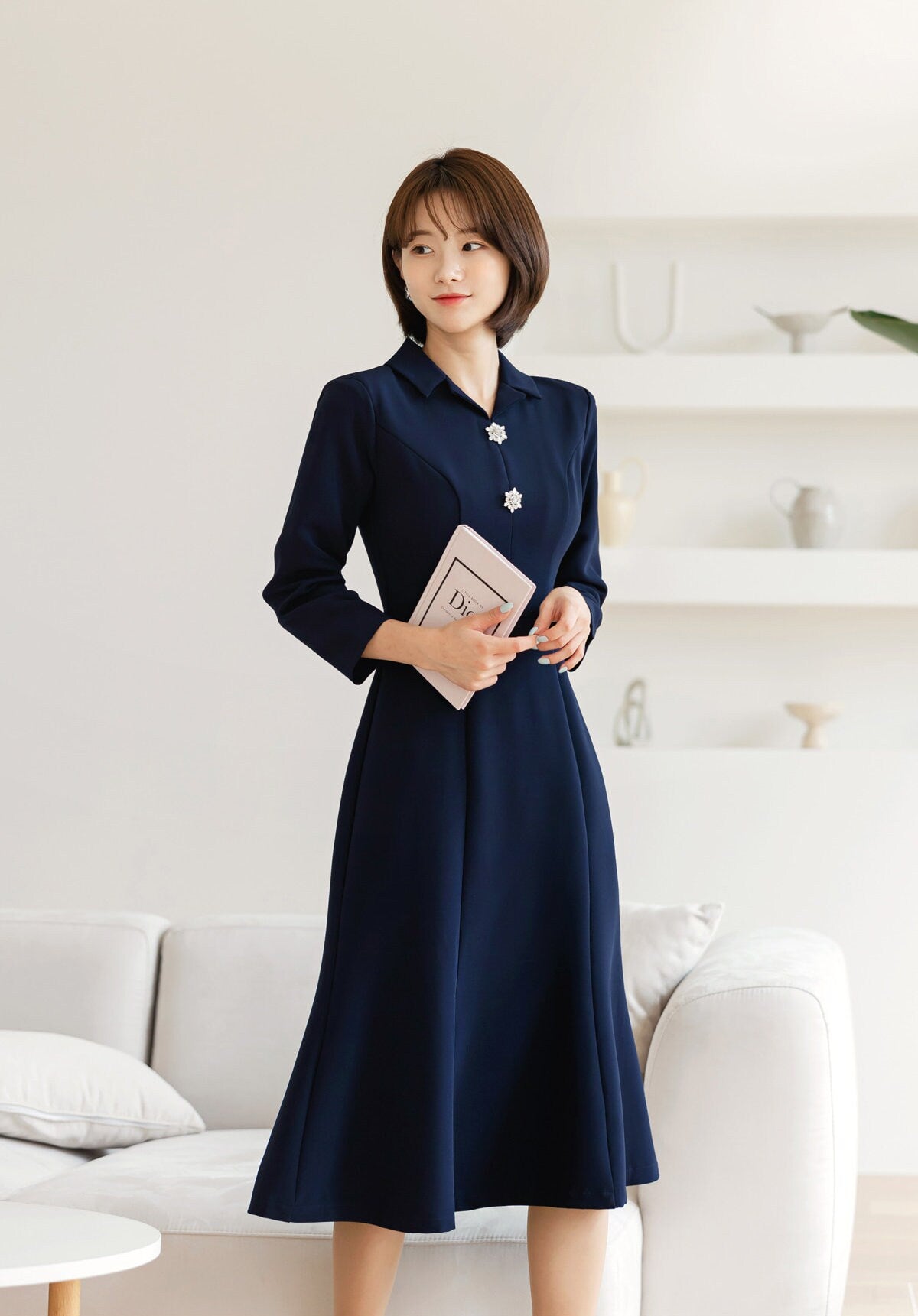 Elegant Semi-Mermaid Dress for Spring Fall / Korean Style V Neck Midi Dress / Clasic Simple Women Dress with Jewel Point