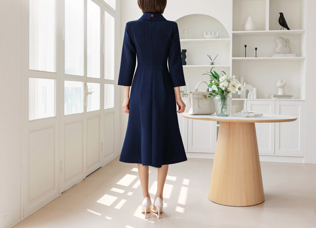 Elegant Semi-Mermaid Dress for Spring Fall / Korean Style V Neck Midi Dress / Clasic Simple Women Dress with Jewel Point