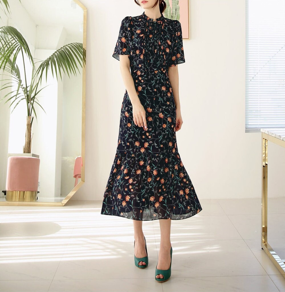 Floral Chiffon Long Dress / Short Sleeve Spring Summer Side Slit Dress / Korean Style Feminin Midi Dress / Plus Size Dress