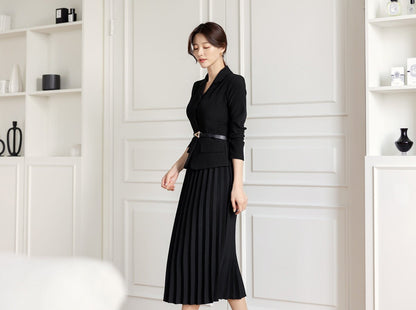 Elegant Feminin Pleats Dress with Belt / Korean Style Jacket and Skirt for One-piece Dress / Modern Chic Long Black Dress