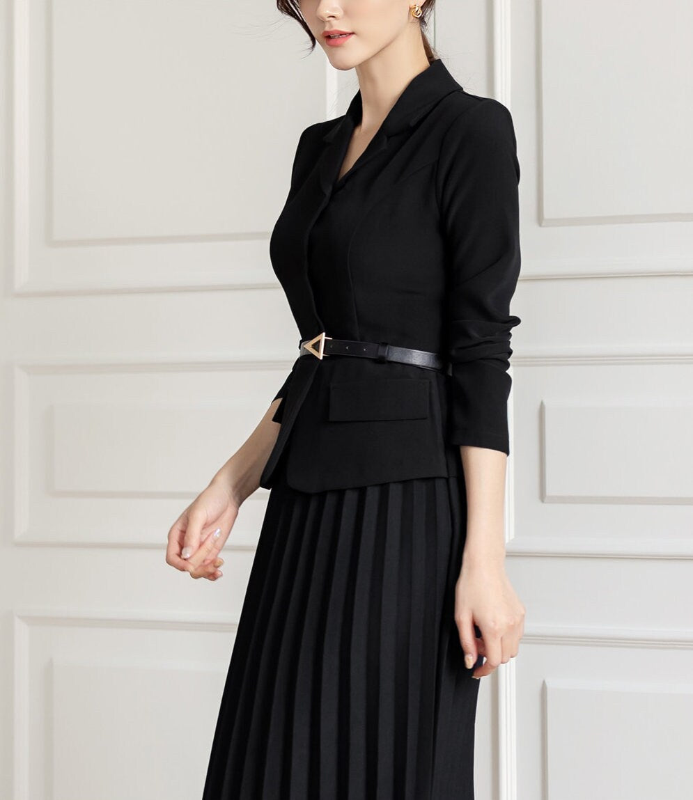 Elegant Feminin Pleats Dress with Belt / Korean Style Jacket and Skirt for One-piece Dress / Modern Chic Long Black Dress