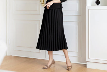 Elegant Feminin Pleats Dress with Belt / Korean Style Jacket and Skirt for One-piece Dress / Modern Chic Long Black Dress