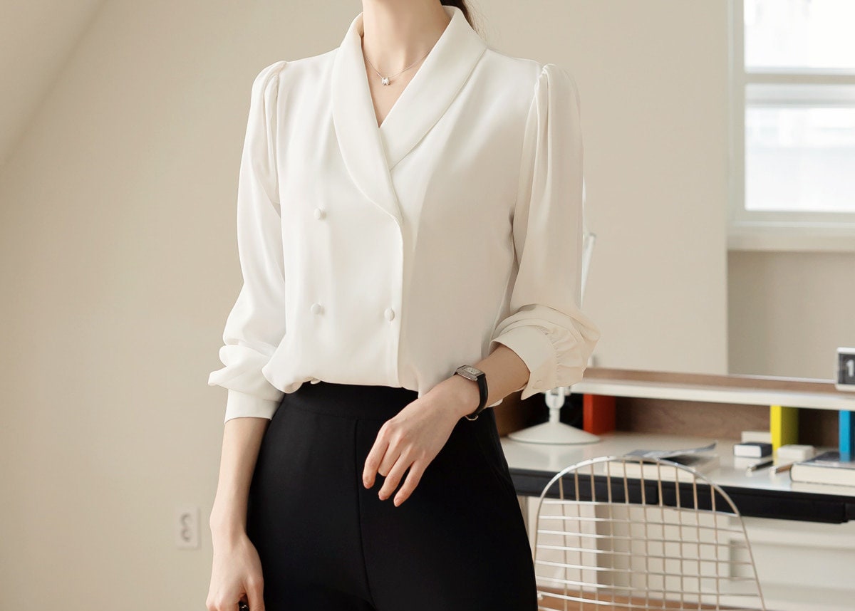 Long Sleeve Shawl Collar Blouse for Women / Korean Style Luxury Feminine Women Clothes / Stylish Office Look Top / Everyday Soft Blouse