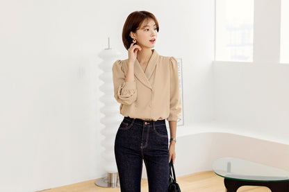 Long Sleeve Shawl Collar Blouse for Women / Korean Style Luxury Feminine Women Clothes / Stylish Office Look Top / Everyday Soft Blouse