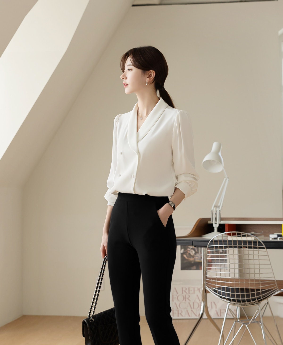 Long Sleeve Shawl Collar Blouse for Women / Korean Style Luxury Feminine Women Clothes / Stylish Office Look Top / Everyday Soft Blouse