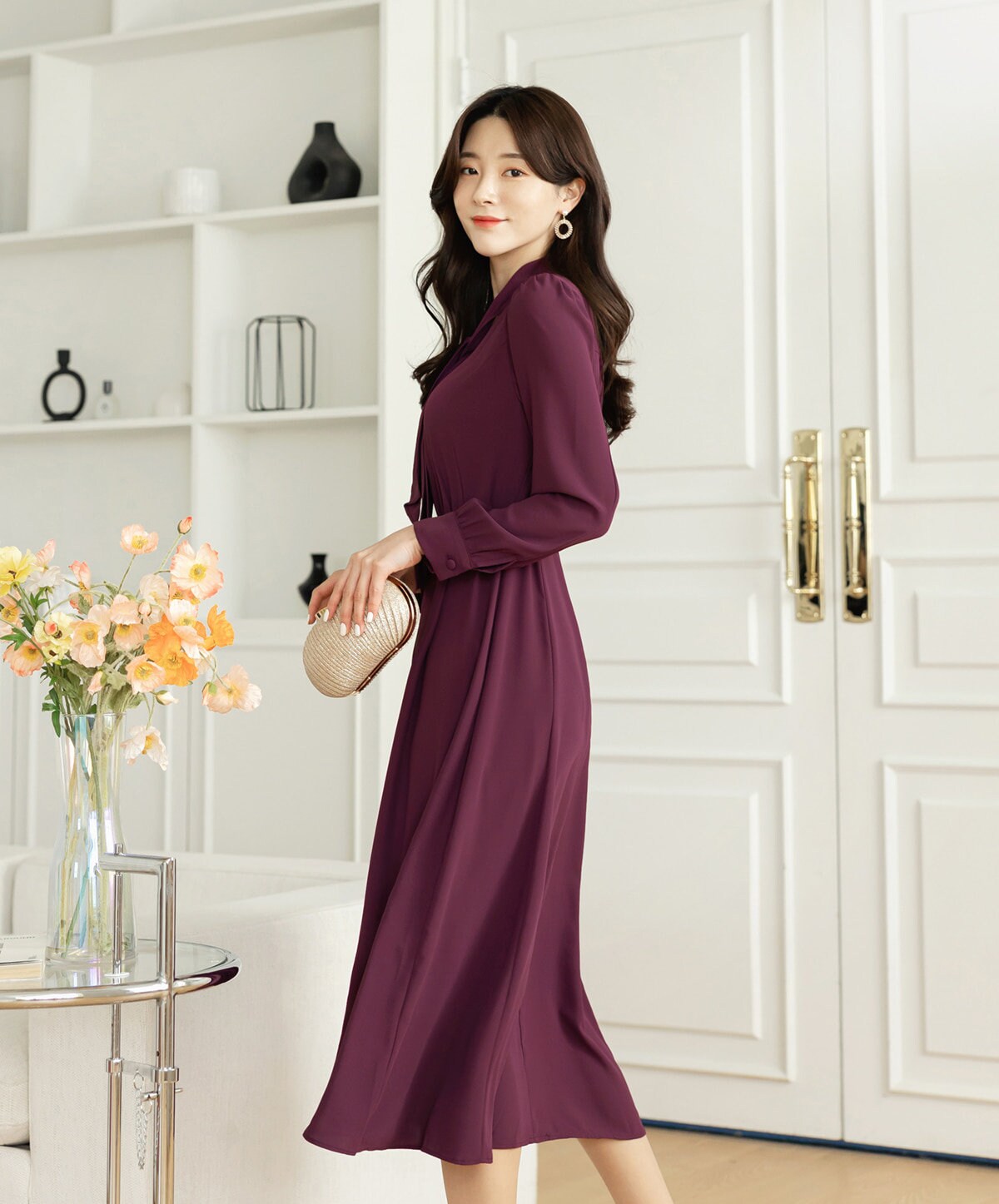 Tie Neck Flare Dress / Korean Style Feminin Flare Midi Dress / Flare Midi Dress / Elegant Feminin Dress