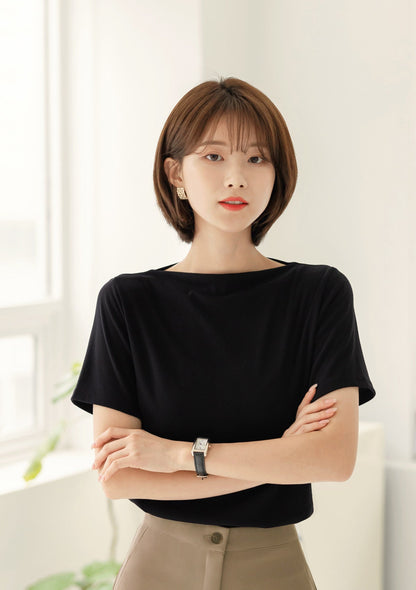 Short Sleeve Boat Neck T-Shirt Top / Korean Style Cotton Blend Top Women Clothes / Office Look Top / Everyday Soft Top