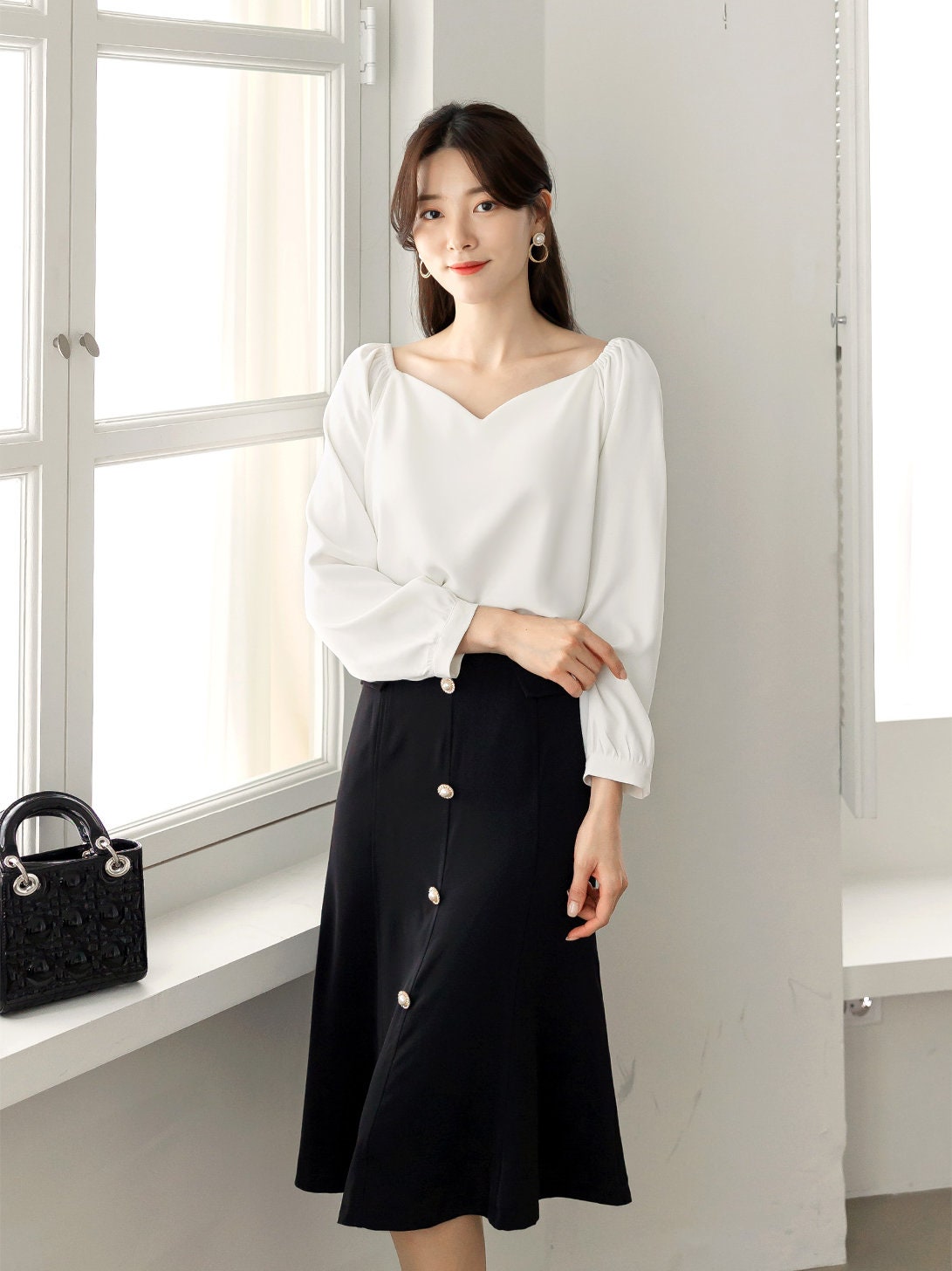 Long Sleeve Heart Neck Blouse / Korean Style Off Shoulder Top / Women Clothes / Office Look Top / Everyday Soft Blouse