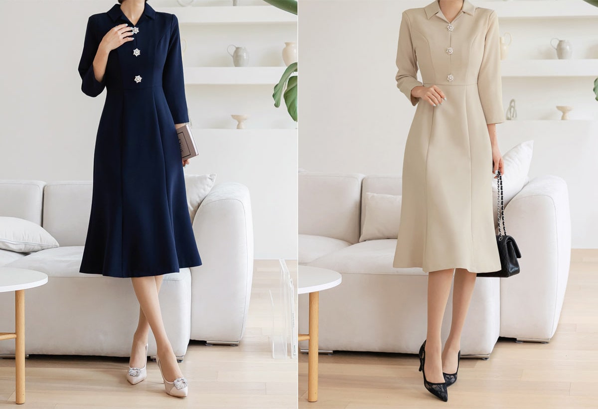 Elegant Semi-Mermaid Dress for Spring Fall / Korean Style V Neck Midi Dress / Clasic Simple Women Dress with Jewel Point