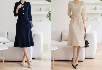 Elegant Semi-Mermaid Dress for Spring Fall / Korean Style V Neck Midi Dress / Clasic Simple Women Dress with Jewel Point