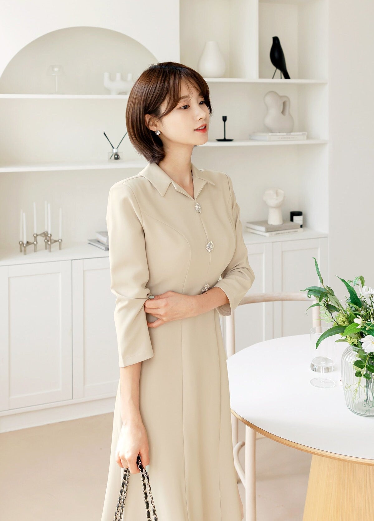 Elegant Semi-Mermaid Dress for Spring Fall / Korean Style V Neck Midi Dress / Clasic Simple Women Dress with Jewel Point