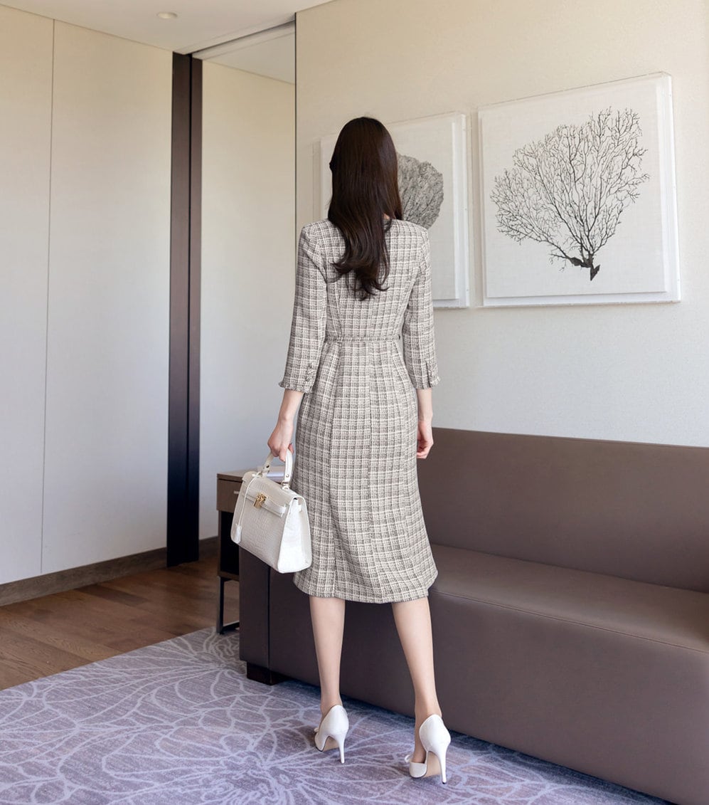 Elegant Feminine Semi-Mermaid Tweed Dress / Korean Style Mini Dress with Belt / Luxury Wear Elegant Dress for Spring, Fall