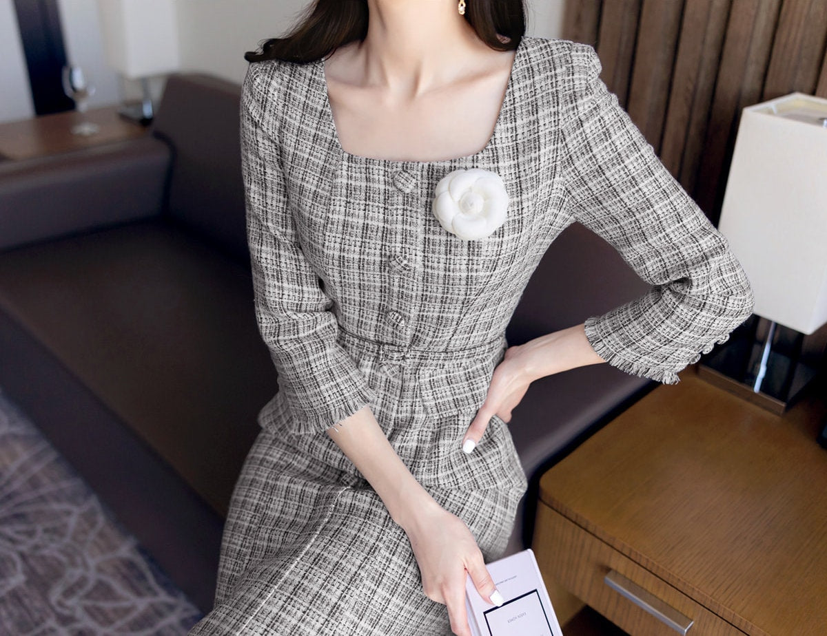 Elegant Feminine Semi-Mermaid Tweed Dress / Korean Style Mini Dress with Belt / Luxury Wear Elegant Dress for Spring, Fall