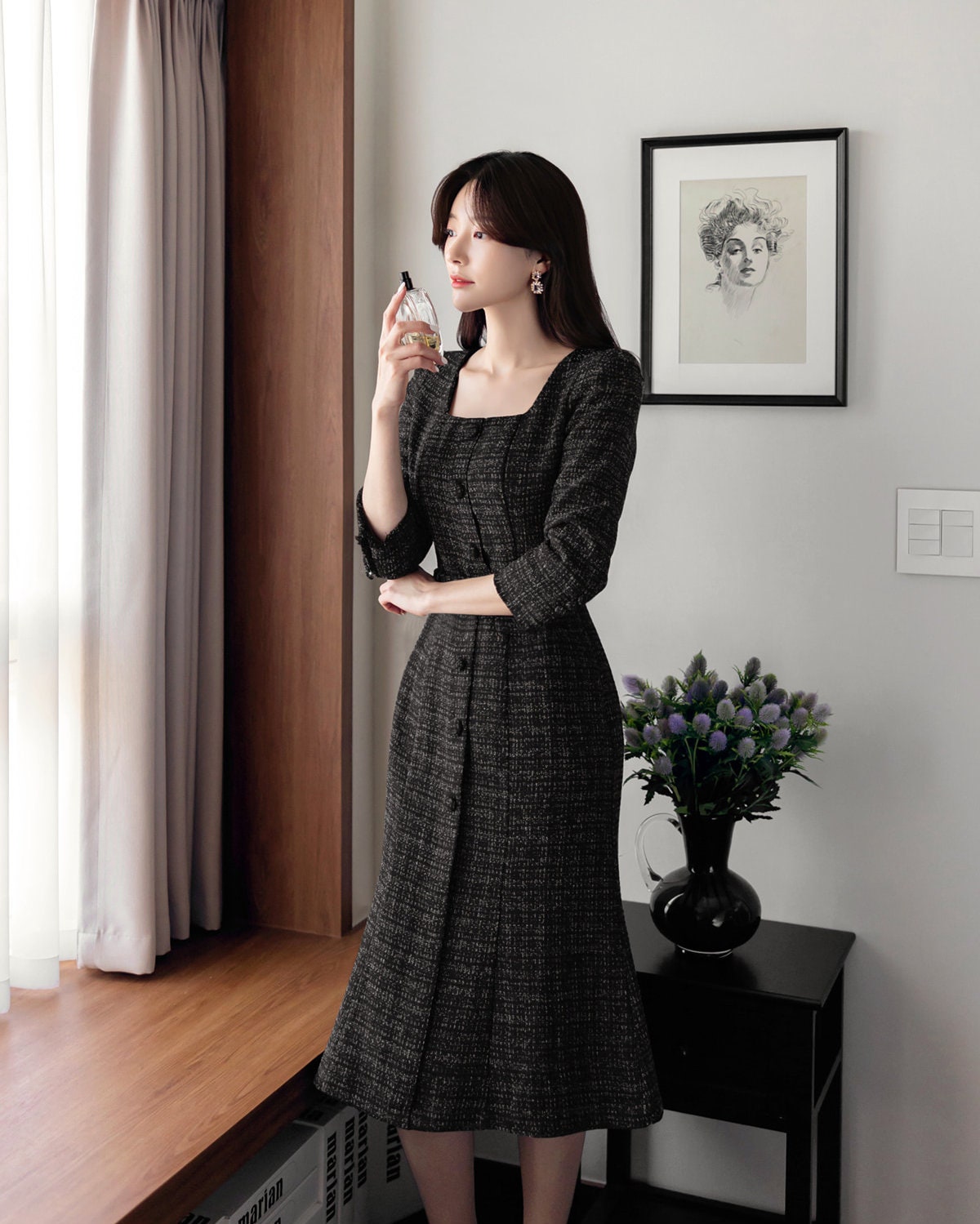 Elegant Feminine Semi-Mermaid Tweed Dress / Korean Style Mini Dress with Belt / Luxury Wear Elegant Black Dress for Spring, Fall