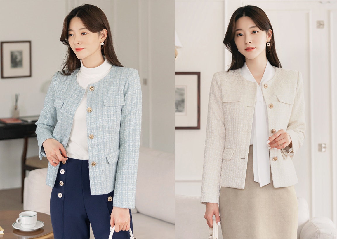 Elegant Tweed Jacket Cardigan / Korean Style Classic Cardigan Autumn Blazer / Long Sleeve Soft Jacket