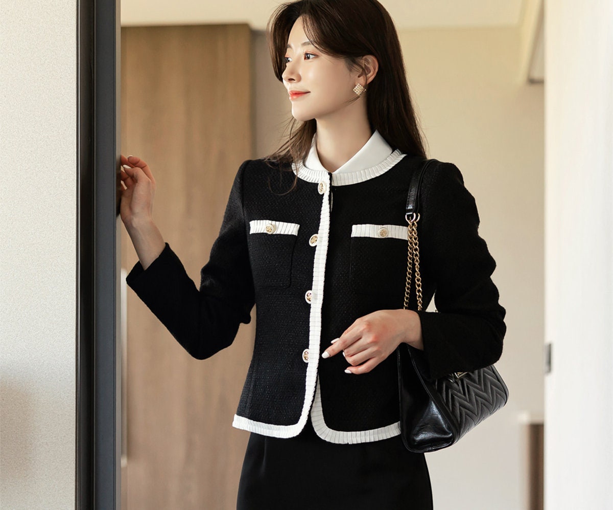 Elegant Feminine Tweed Jacket Cardigan / Korean Style Classic Cardigan Autumn Blazer / Long Sleeve Trimming Soft Jacket