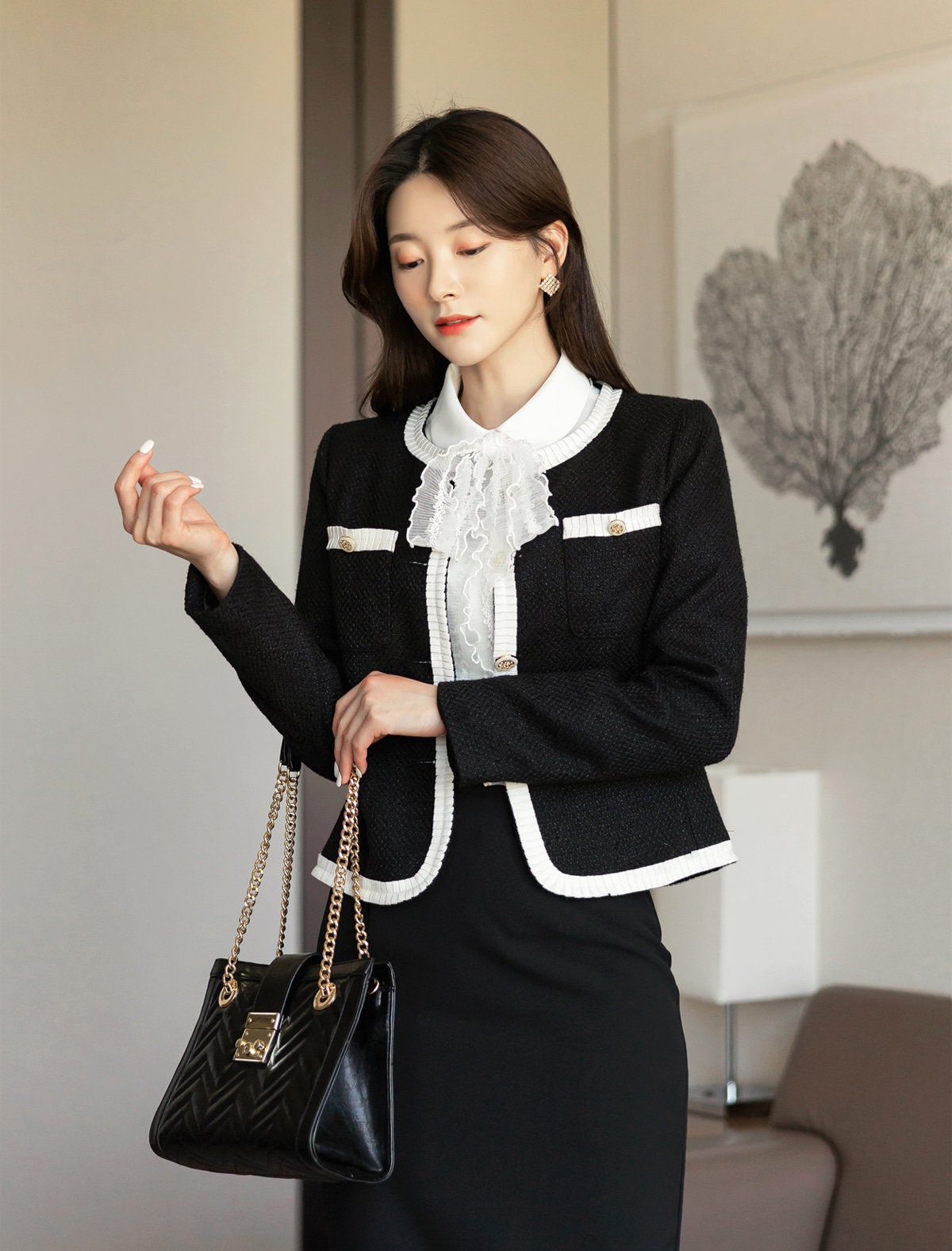 Elegant Feminine Tweed Jacket Cardigan / Korean Style Classic Cardigan Autumn Blazer / Long Sleeve Trimming Soft Jacket